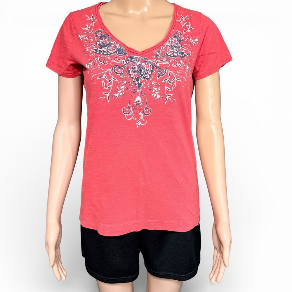 Y2K Eddie Bauer Womens T Shirt Top Short Sleeve V Neck Casual Soft Red Floral M